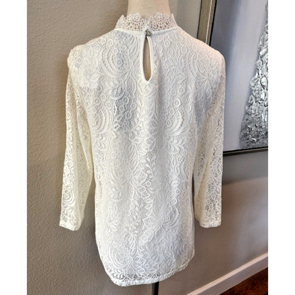 Cable & Gauge Women Lace Blouse Top Large Ruffle Mock Neck Ivory Soft Lining NEW - Picture 2 of 13